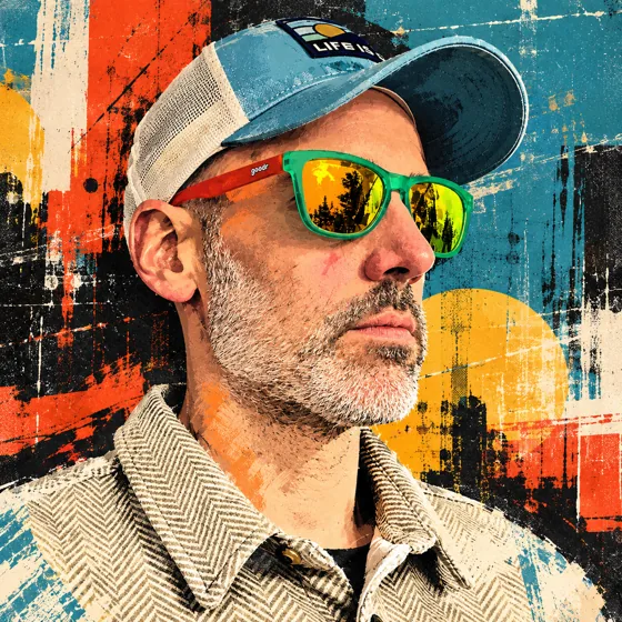 Screen-printed portrait of Michael wearing a blue cap and bright sunglasses.
